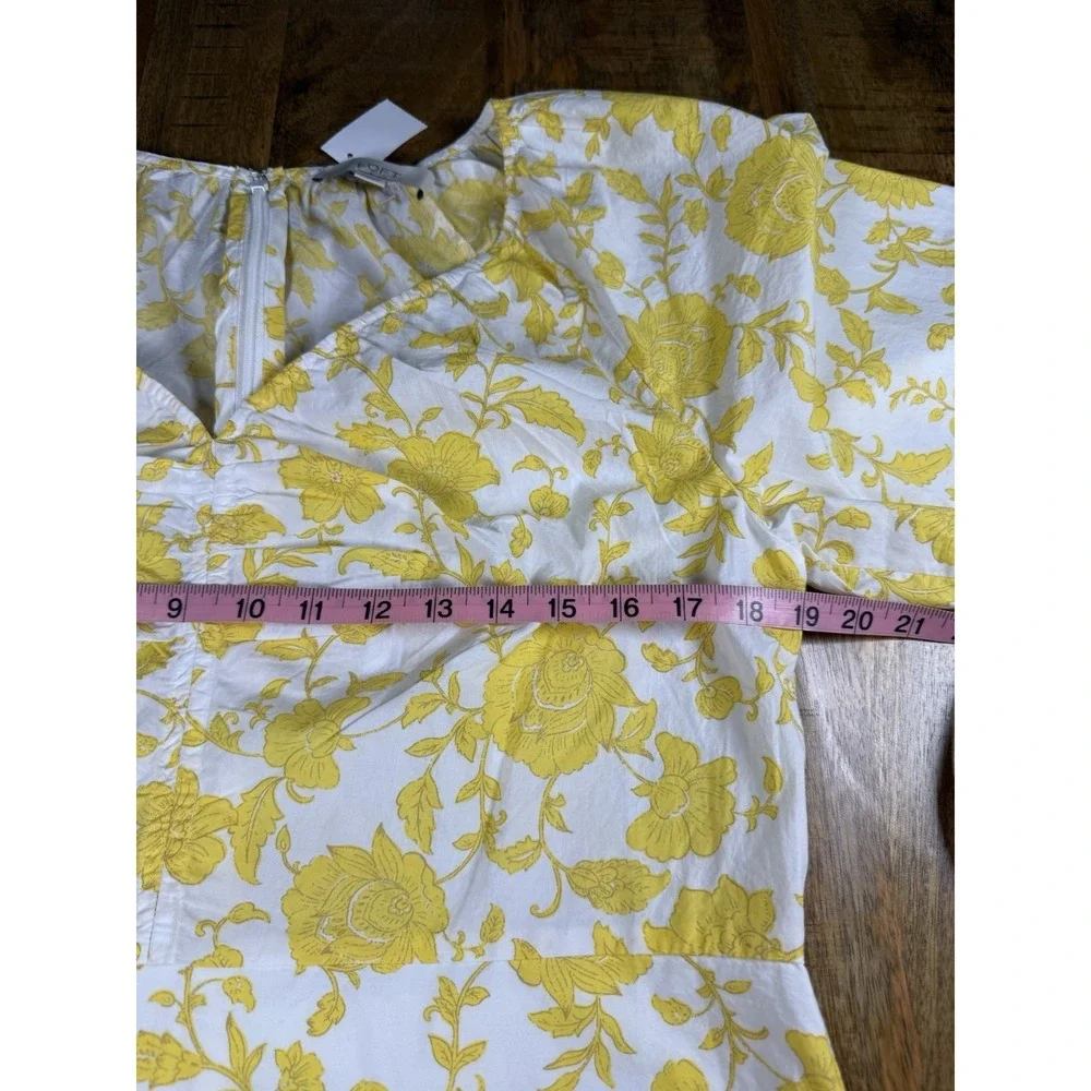 LOFT NWT Floral Cotton Mini Dress Yellow White Puff Sleeve Size 12 Cottagecore